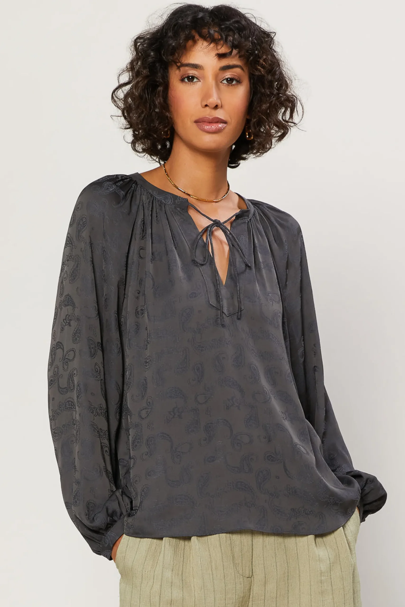 New Paisley Split Neck Top Women Long Sleeve Tops