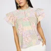 Discount Patchwork Flutter Sleeve Top Women Short Sleeve Tops