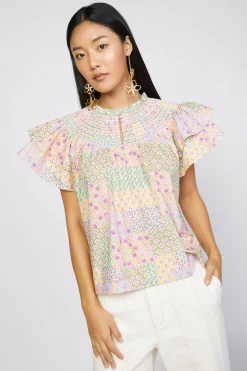 Discount Patchwork Flutter Sleeve Top Women Short Sleeve Tops