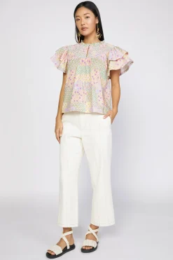 Discount Patchwork Flutter Sleeve Top Women Short Sleeve Tops