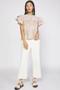Discount Patchwork Flutter Sleeve Top Women Short Sleeve Tops