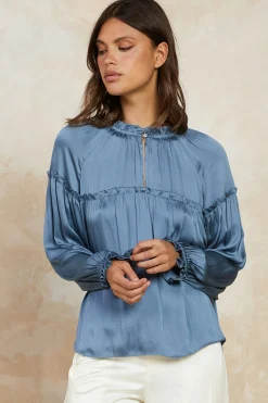 Discount Picot Ruffled Blouse Women Long Sleeve Tops