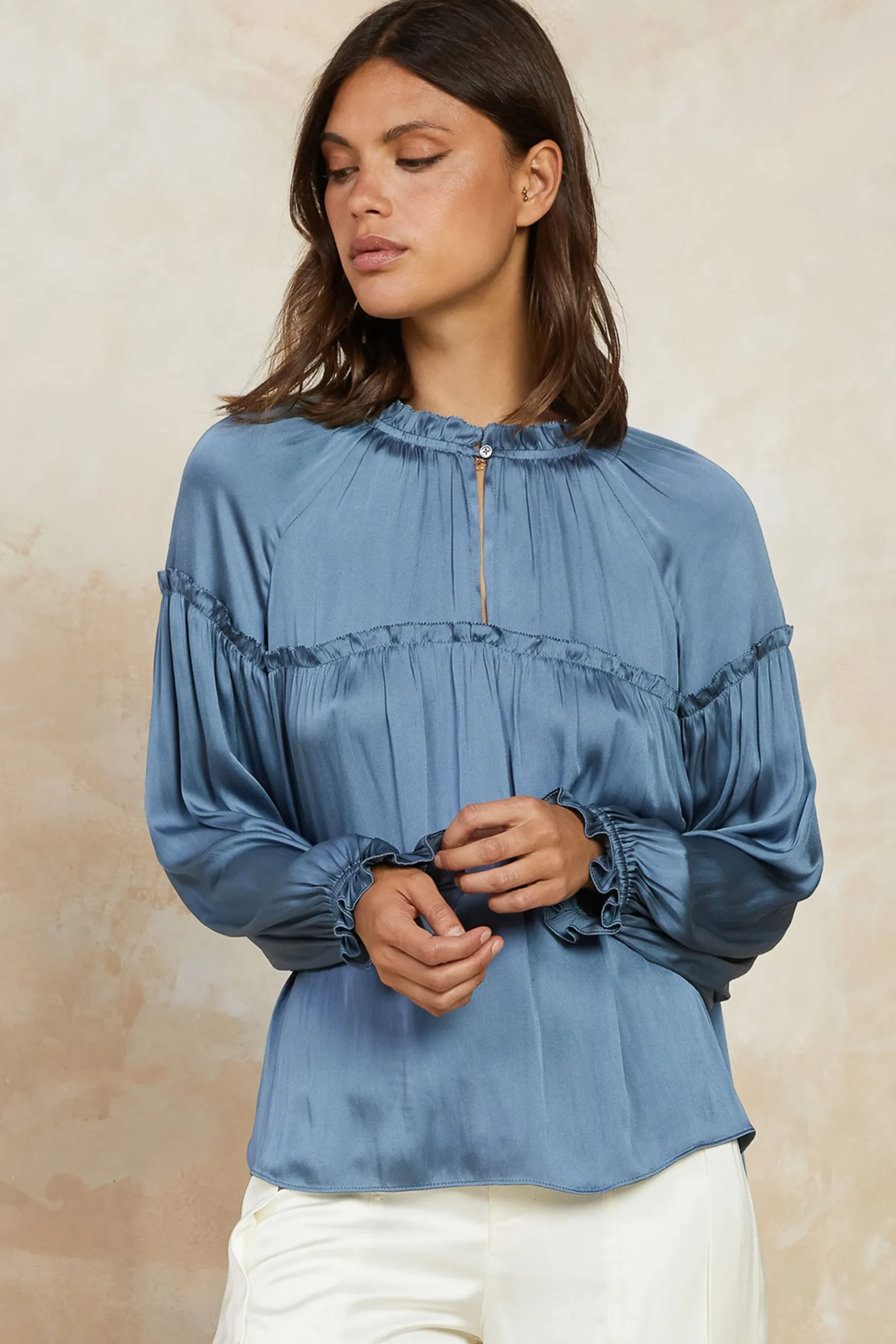 Discount Picot Ruffled Blouse Women Long Sleeve Tops