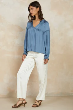 Discount Picot Ruffled Blouse Women Long Sleeve Tops