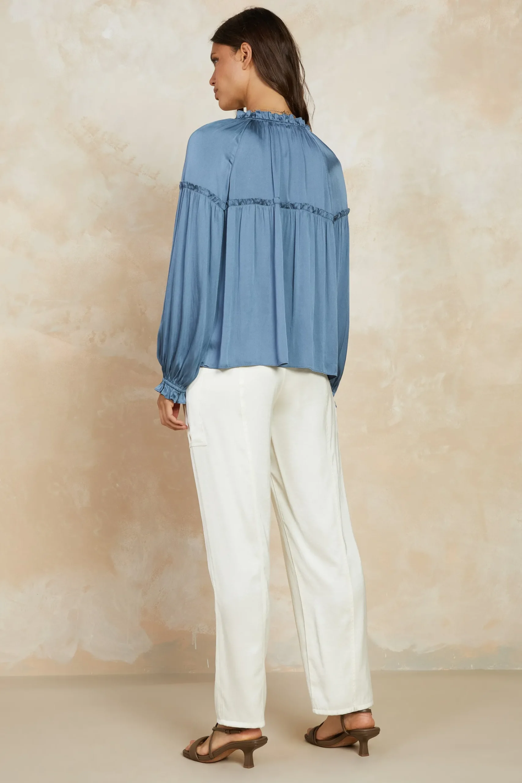 Discount Picot Ruffled Blouse Women Long Sleeve Tops