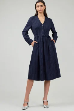 Discount Pinstriped Buttondown Midi Dress Women Midi Dresses
