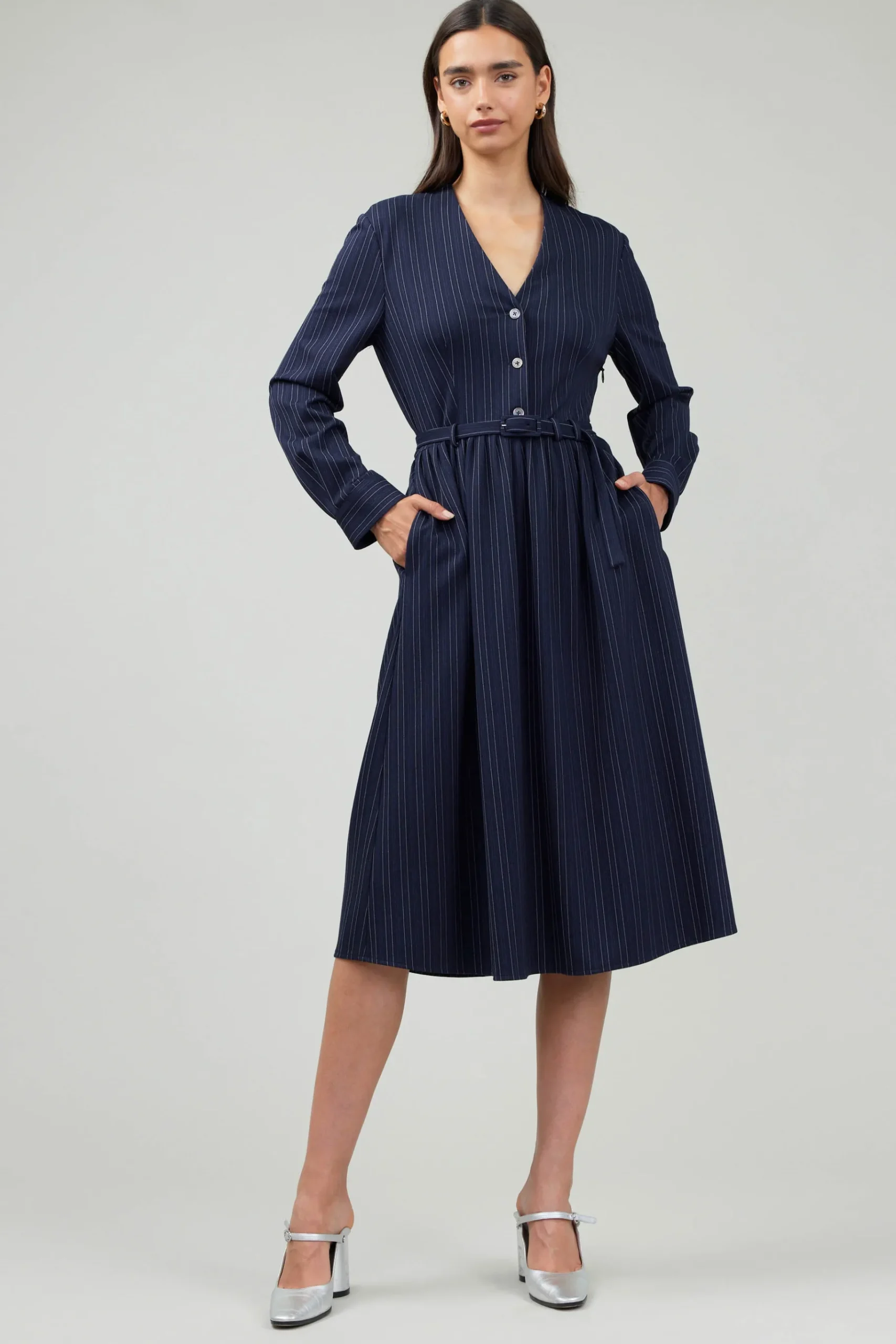 Discount Pinstriped Buttondown Midi Dress Women Midi Dresses