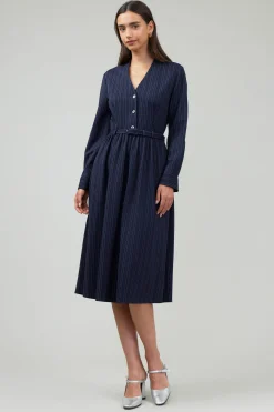 Discount Pinstriped Buttondown Midi Dress Women Midi Dresses