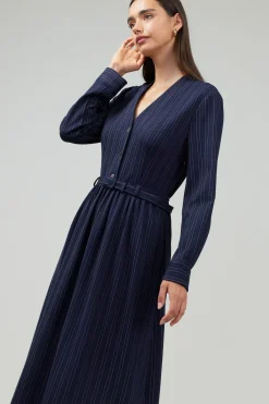 Discount Pinstriped Buttondown Midi Dress Women Midi Dresses