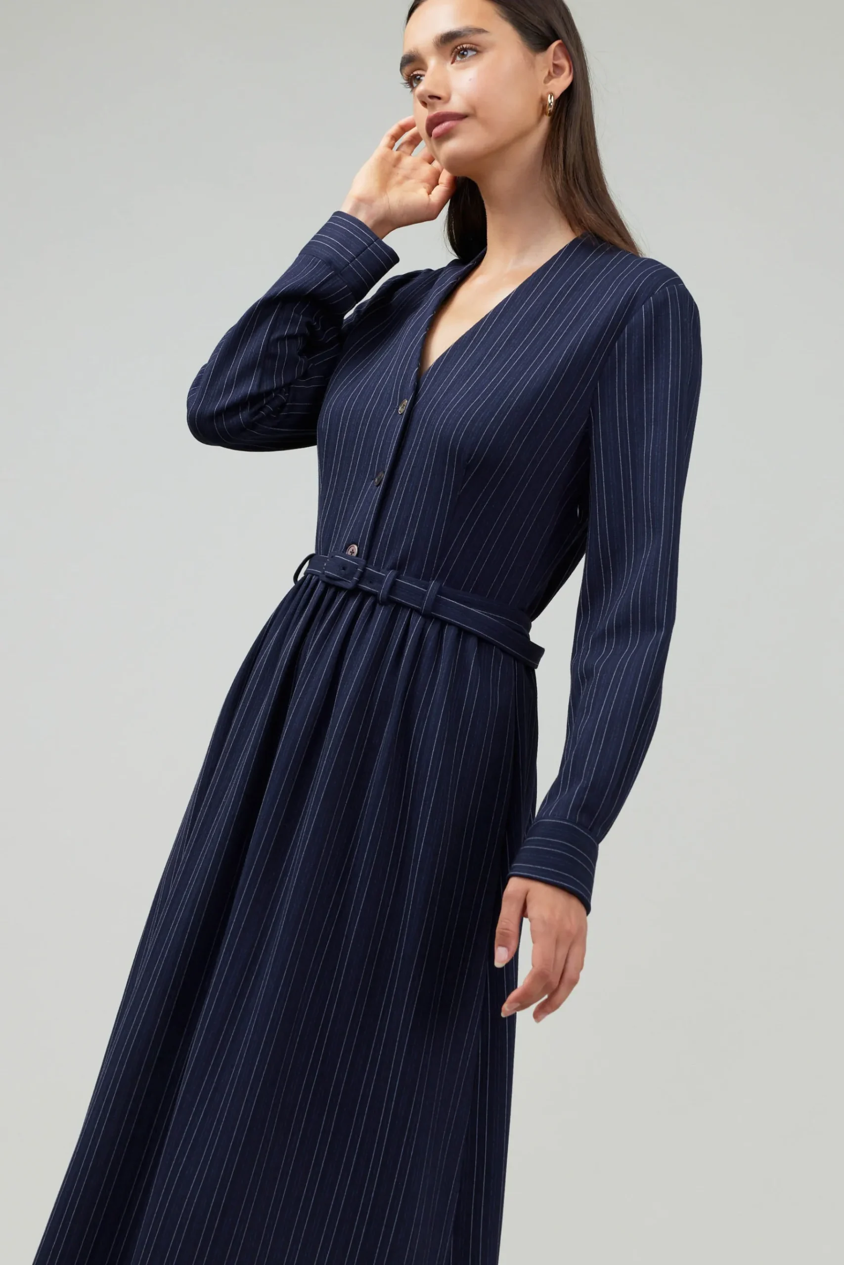 Discount Pinstriped Buttondown Midi Dress Women Midi Dresses