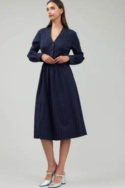 Discount Pinstriped Buttondown Midi Dress Women Midi Dresses