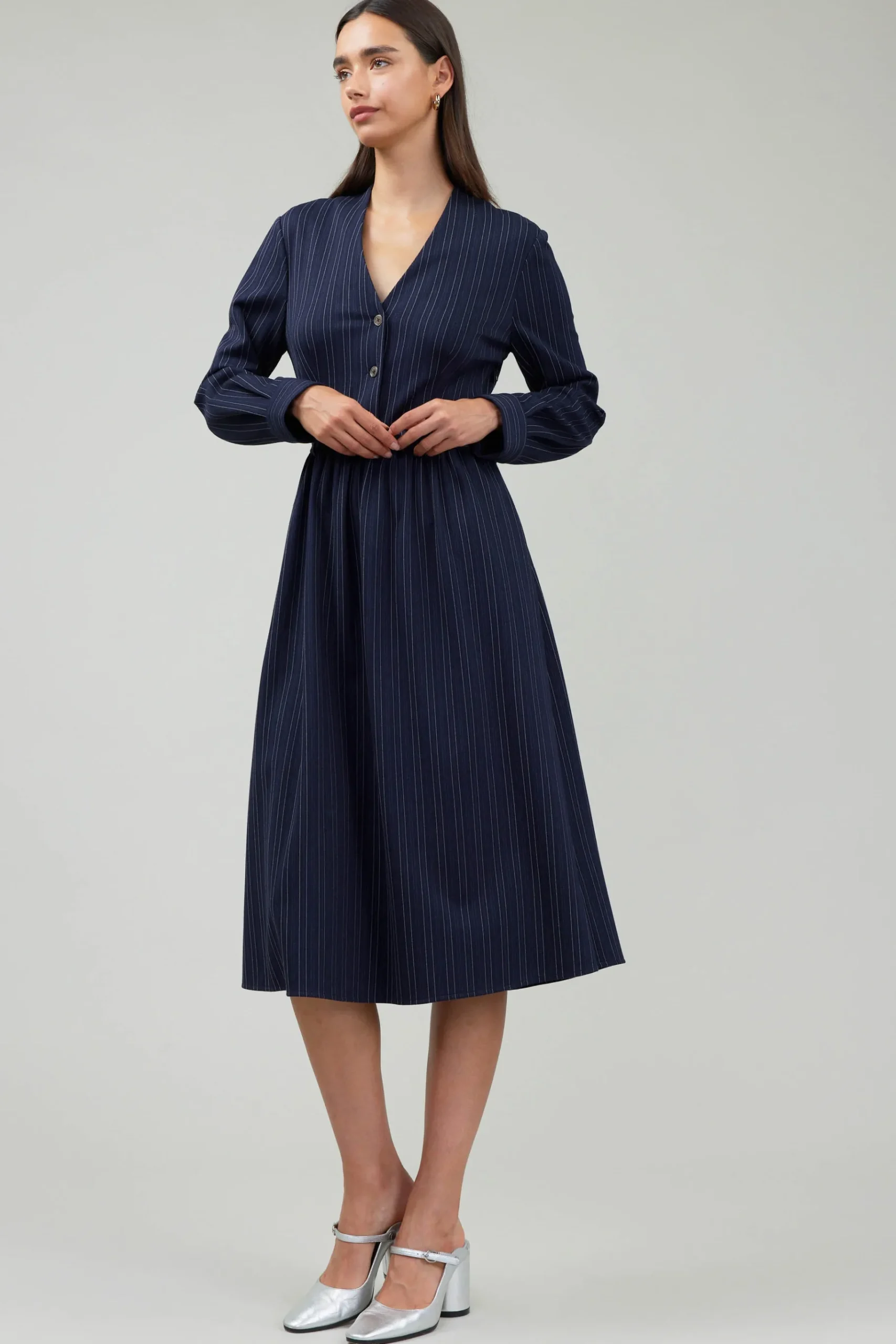Discount Pinstriped Buttondown Midi Dress Women Midi Dresses