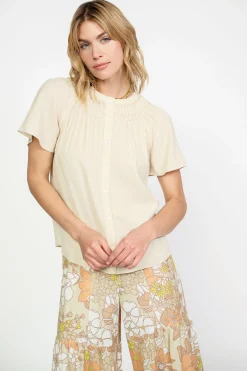 New Pintucked Yoke Blouse Women Short Sleeve Tops