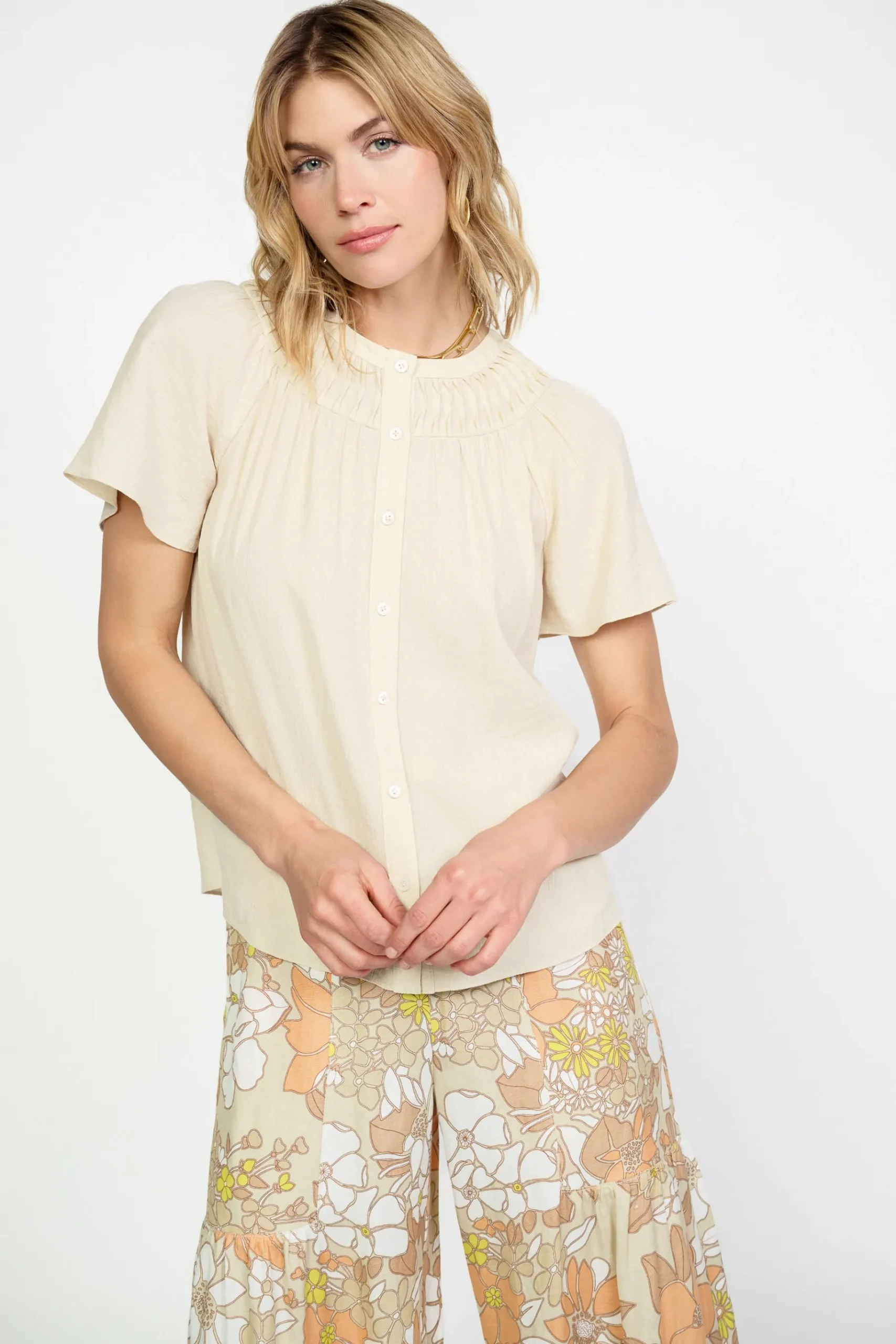 New Pintucked Yoke Blouse Women Short Sleeve Tops