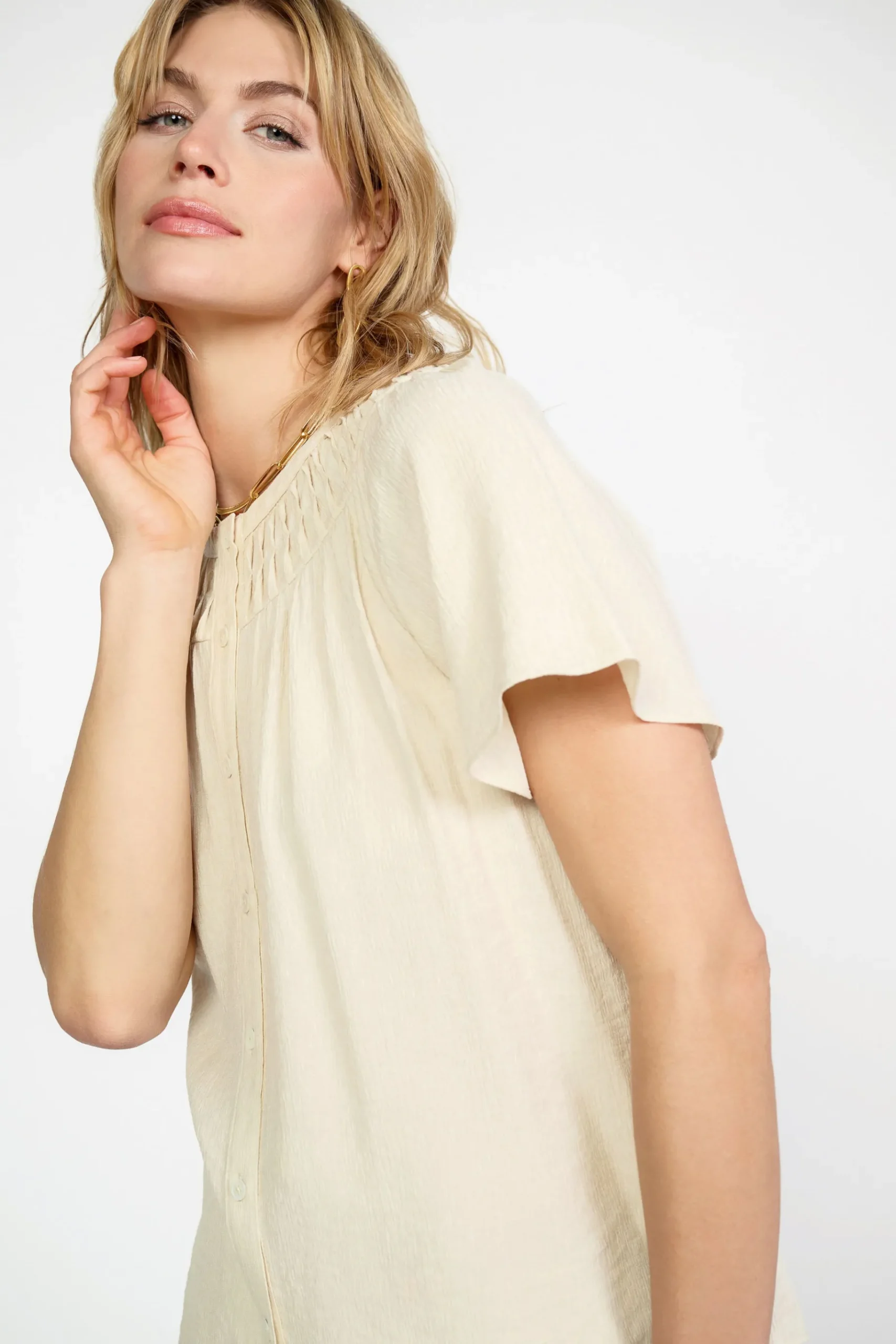 New Pintucked Yoke Blouse Women Short Sleeve Tops