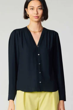 Discount Pleat Detail Buttondown Shirt Women Long Sleeve Tops