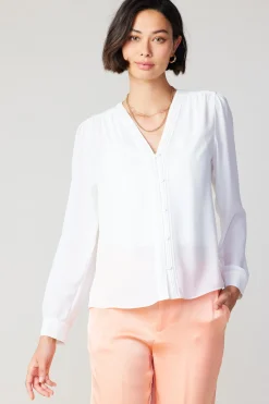 Fashion Pleat Detail Buttondown Shirt Women Long Sleeve Tops
