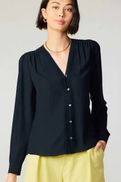 Discount Pleat Detail Buttondown Shirt Women Long Sleeve Tops
