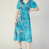 Hot Pleated Botanical Midi Dress Women Midi Dresses