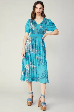 Hot Pleated Botanical Midi Dress Women Midi Dresses