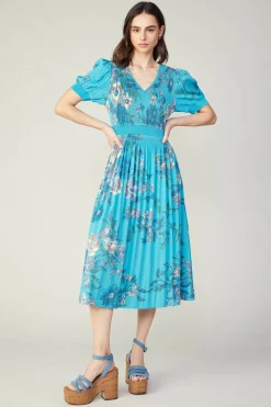 Hot Pleated Botanical Midi Dress Women Midi Dresses