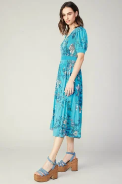 Hot Pleated Botanical Midi Dress Women Midi Dresses