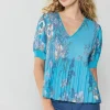 Online Pleated Botanical Top Women Short Sleeve Tops