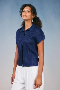 Hot Pleated Button Down Top Women Short Sleeve Tops