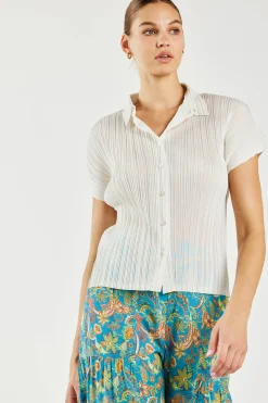Sale Pleated Button Down Top Women Short Sleeve Tops