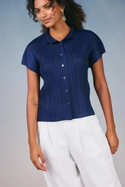 Hot Pleated Button Down Top Women Short Sleeve Tops