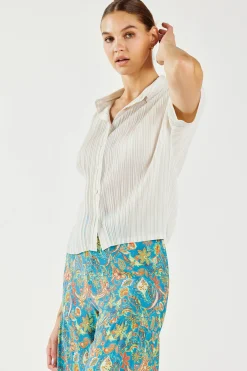 Sale Pleated Button Down Top Women Short Sleeve Tops