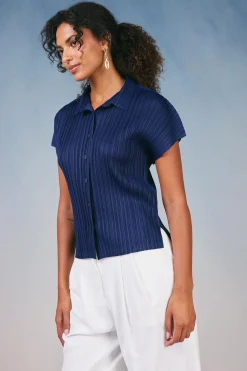 Hot Pleated Button Down Top Women Short Sleeve Tops