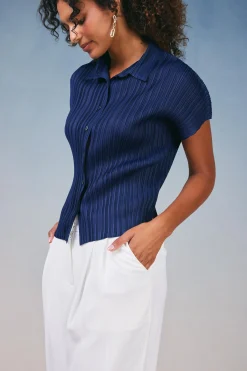 Hot Pleated Button Down Top Women Short Sleeve Tops