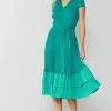 Sale Pleated Colorblock Midi Dress Women Midi Dresses