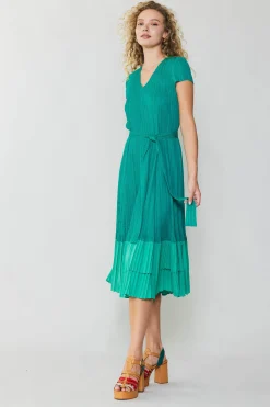 Sale Pleated Colorblock Midi Dress Women Midi Dresses