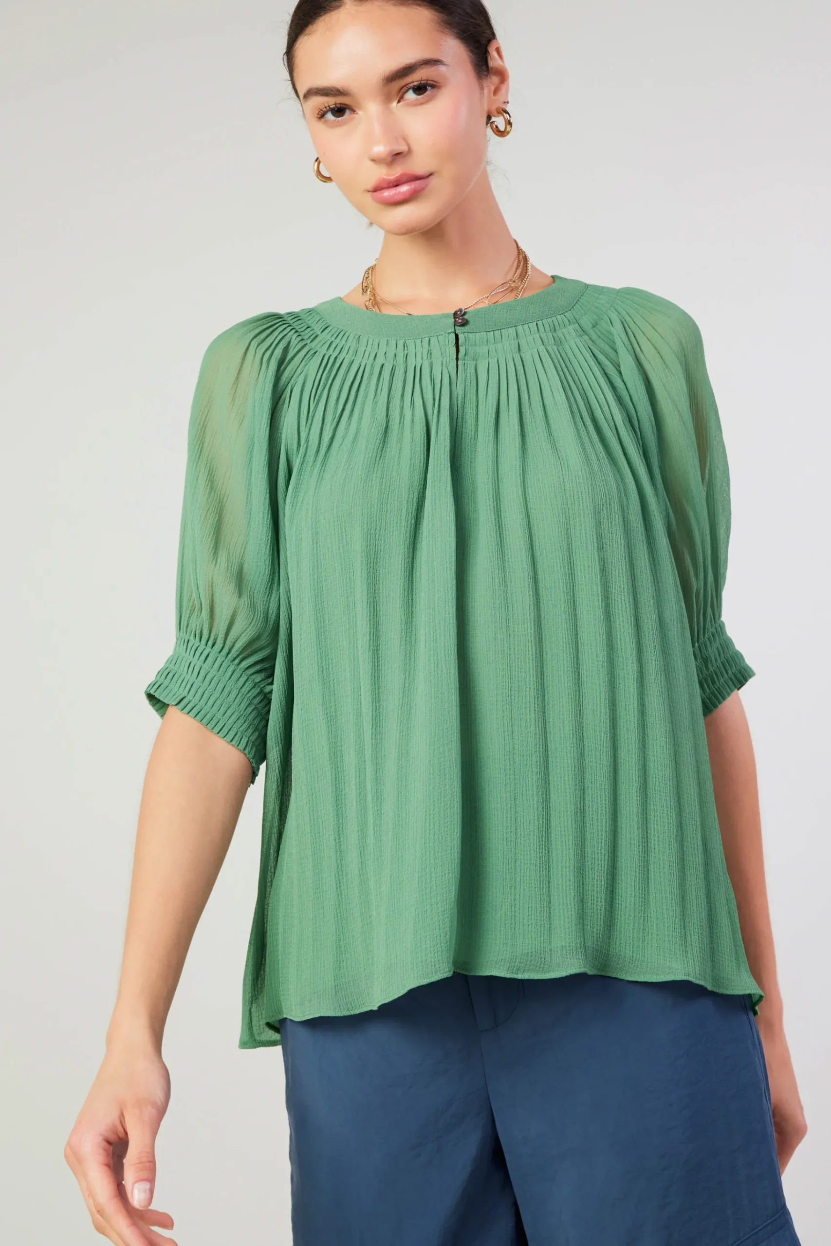 Best Pleated Cuff Blouse Women Short Sleeve Tops