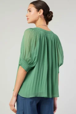 Best Pleated Cuff Blouse Women Short Sleeve Tops