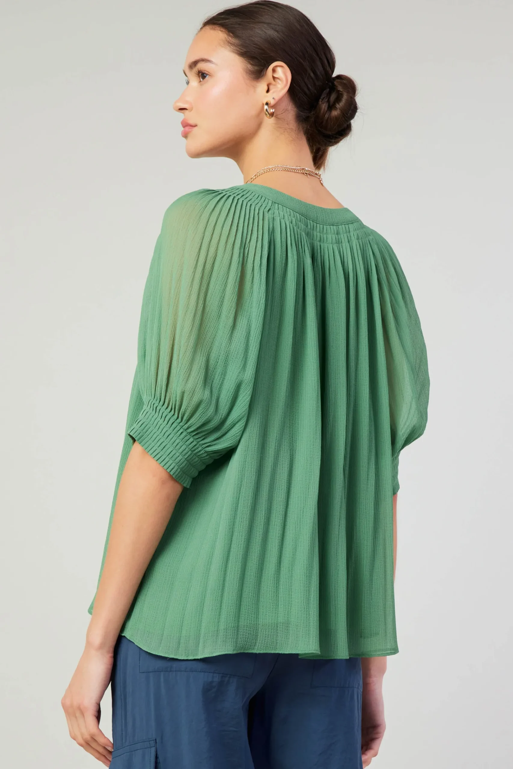 Best Pleated Cuff Blouse Women Short Sleeve Tops