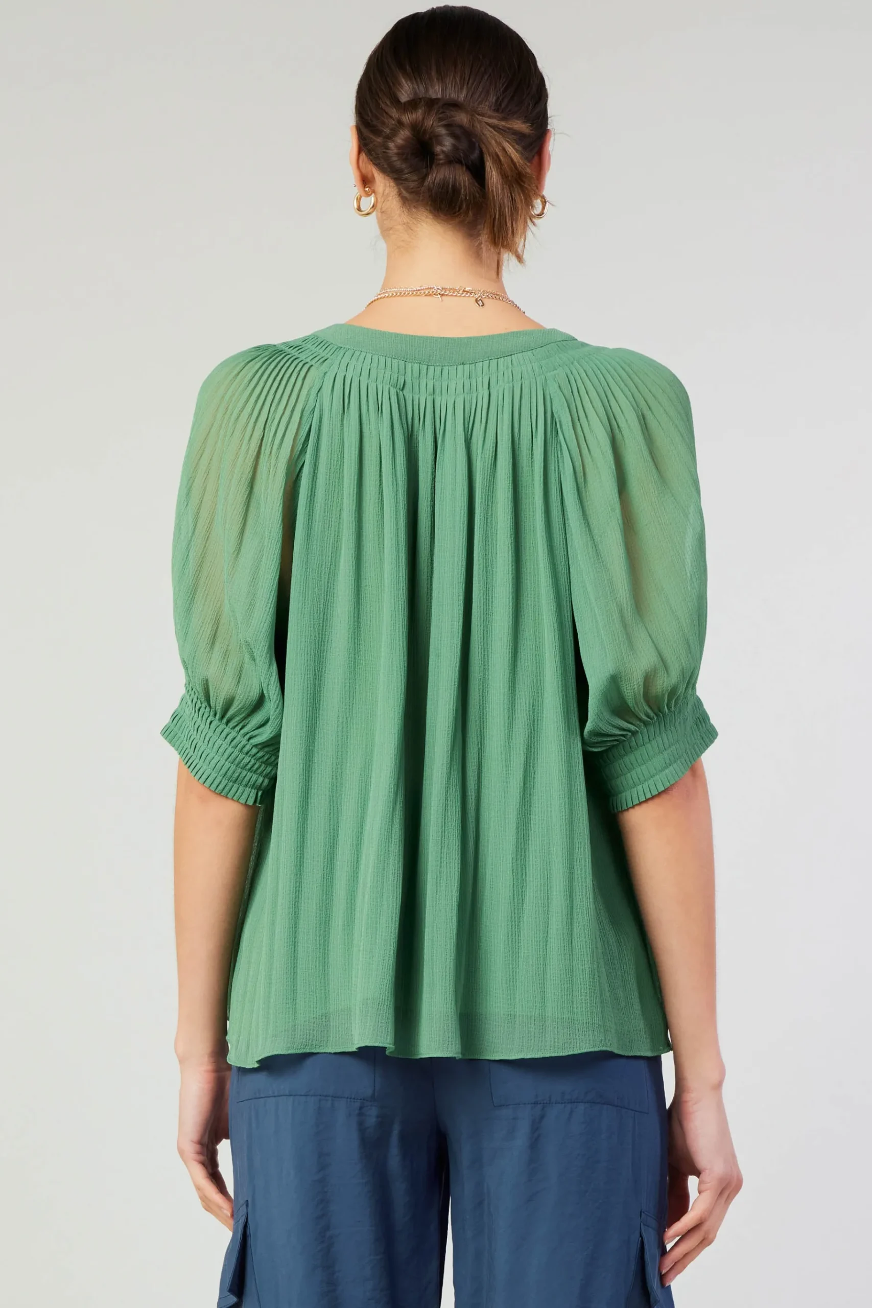 Best Pleated Cuff Blouse Women Short Sleeve Tops