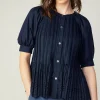 Sale Pleated Eyelet Blouse Women Short Sleeve Tops