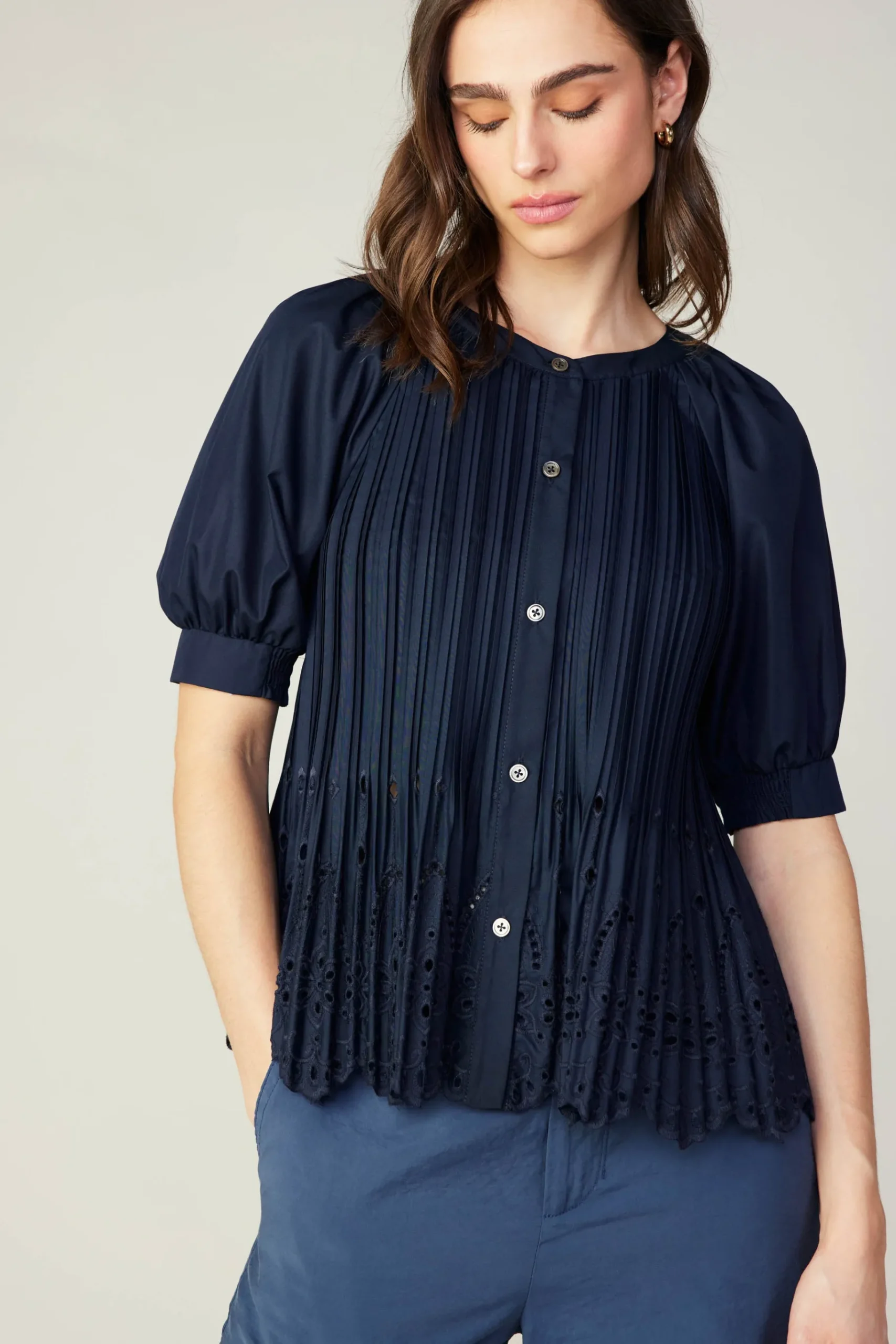 Sale Pleated Eyelet Blouse Women Short Sleeve Tops