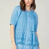 Clearance Pleated Eyelet Blouse Women Short Sleeve Tops