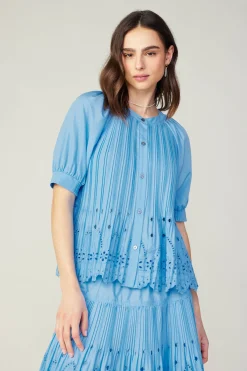 Clearance Pleated Eyelet Blouse Women Short Sleeve Tops