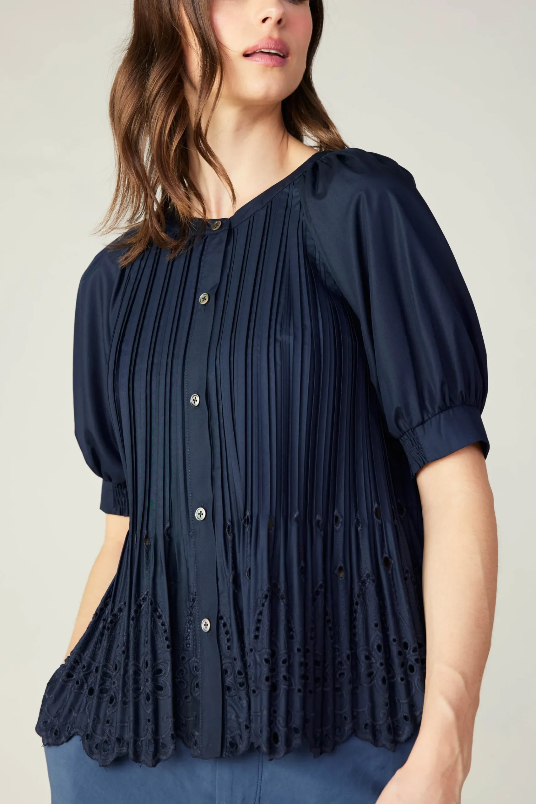 Sale Pleated Eyelet Blouse Women Short Sleeve Tops