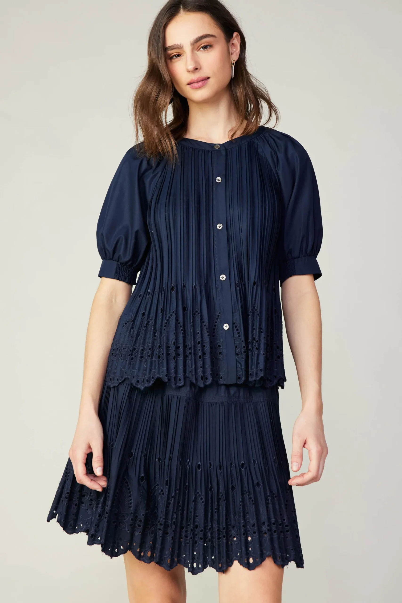 Sale Pleated Eyelet Blouse Women Short Sleeve Tops