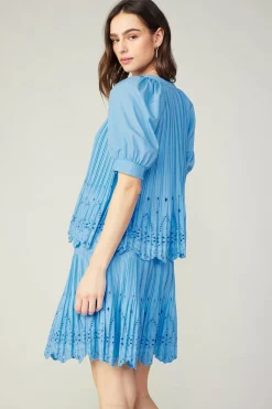 Clearance Pleated Eyelet Blouse Women Short Sleeve Tops