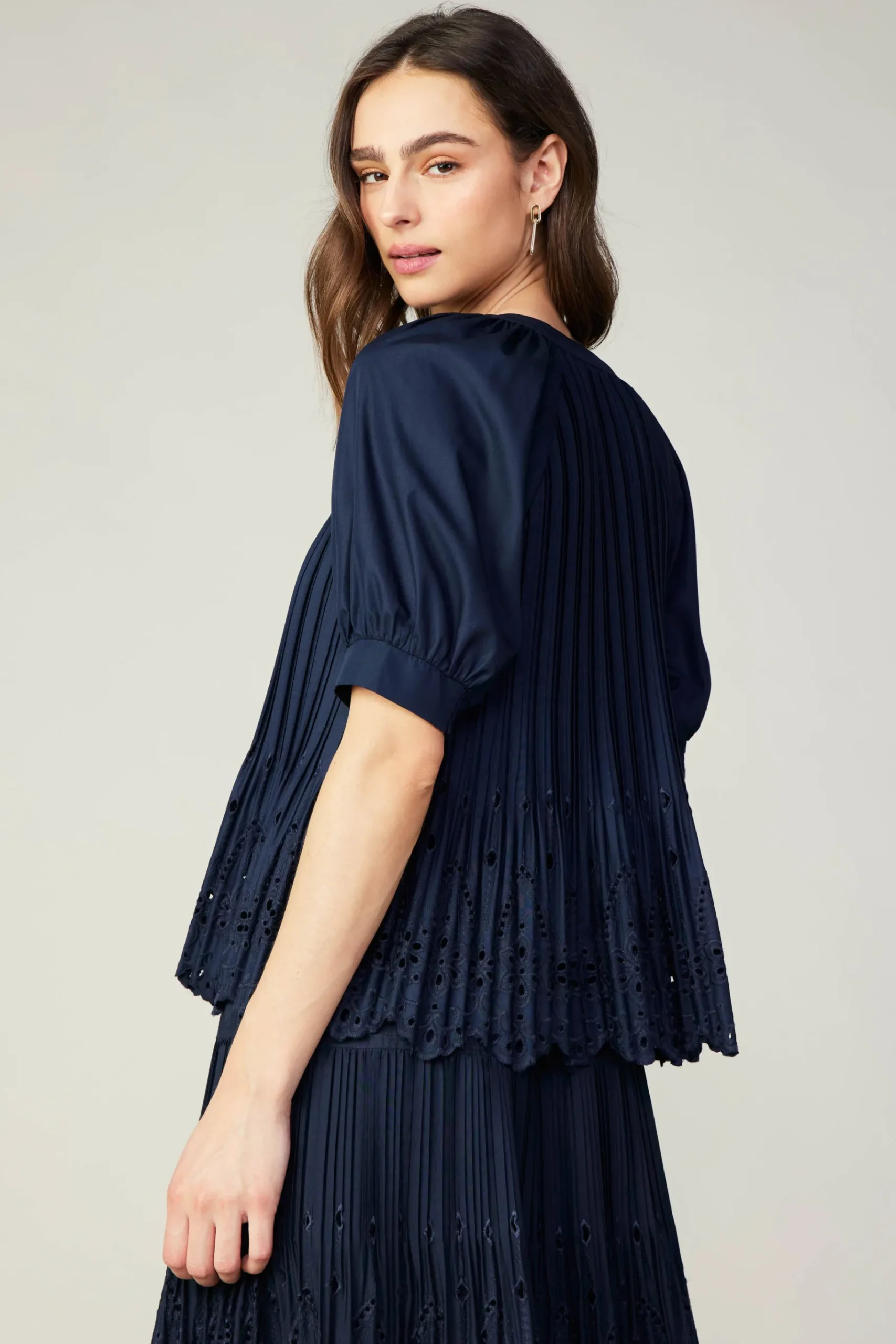 Sale Pleated Eyelet Blouse Women Short Sleeve Tops