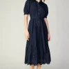 Best Pleated Eyelet Midi Dress Women Midi Dresses