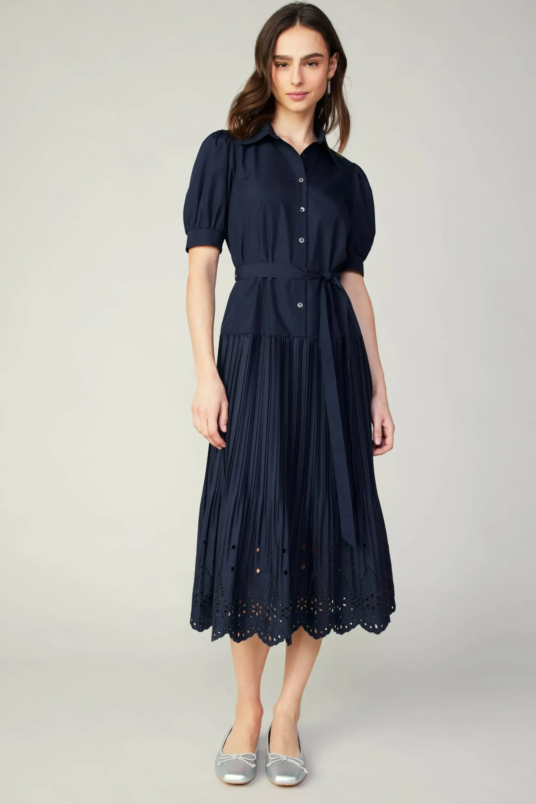 Best Pleated Eyelet Midi Dress Women Midi Dresses