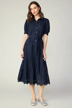 Best Pleated Eyelet Midi Dress Women Midi Dresses